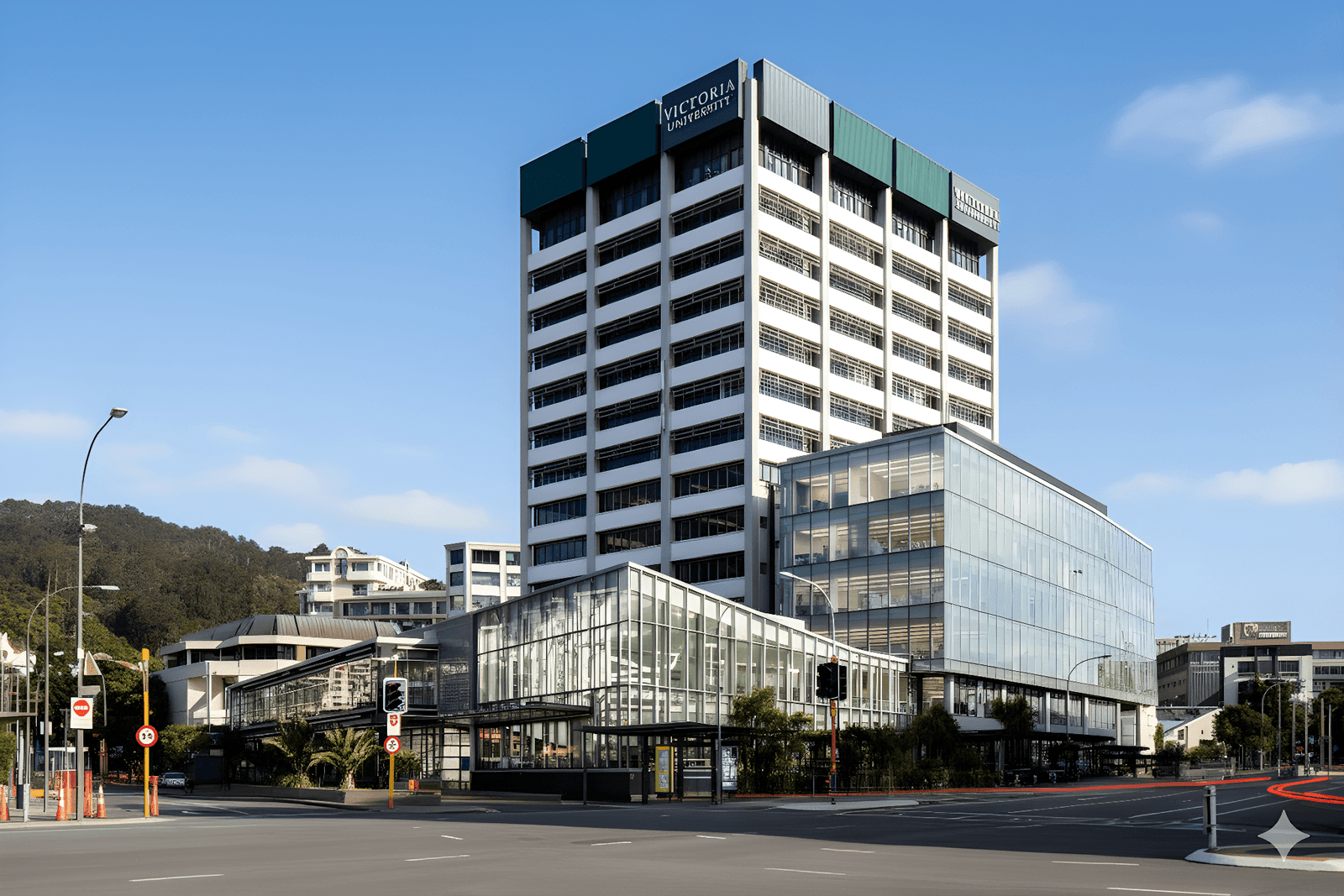 Architectural photograph of Rutherford House at dusk, with illuminated glass façade and Victoria University signage